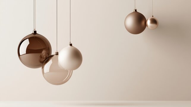 Champagne and bronze Christmas baubles hang from fine branches against a warm neutral background, creating refined holiday decor, festive copy space, winter celebration, Christmas, New Year.