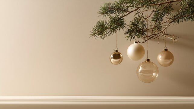 Champagne Christmas ornaments decorate a fir branch against a warm cream background, creating classic holiday copy space, elegant winter decor, festive styling, Christmas, New Year.