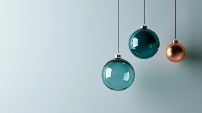 Teal and copper Christmas baubles hang against a cool blue background, creating modern holiday copy space, colorful festive decor, winter celebration, Christmas, New Year.