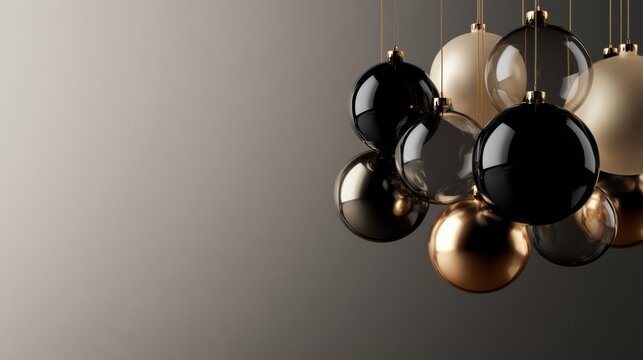 Black, silver and gold Christmas baubles form a clustered arrangement against a dark neutral background, creating luxurious holiday decor, festive elegance, Christmas, New Year.