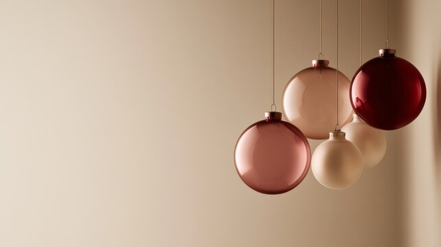 A refined minimalist Christmas composition featuring only four hanging ornaments on the right edge of the frame. 