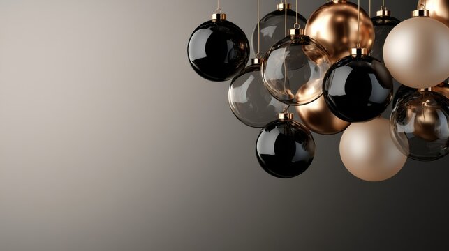 Dense black, silver and bronze sphere cluster with dramatic negative space, premium abstract background for modern luxury branding. Christmas