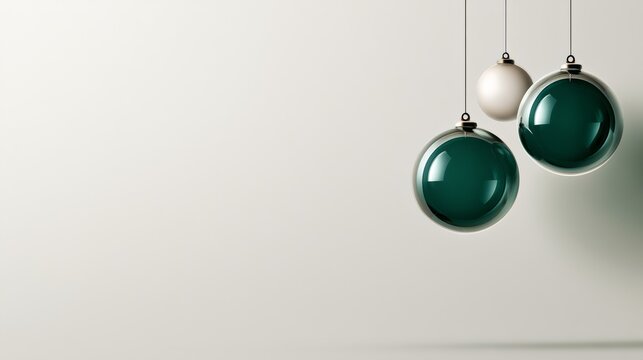 Minimal teal and white hanging sphere trio on a pale neutral background, clean contemporary composition, calm decorative concept. Christmas