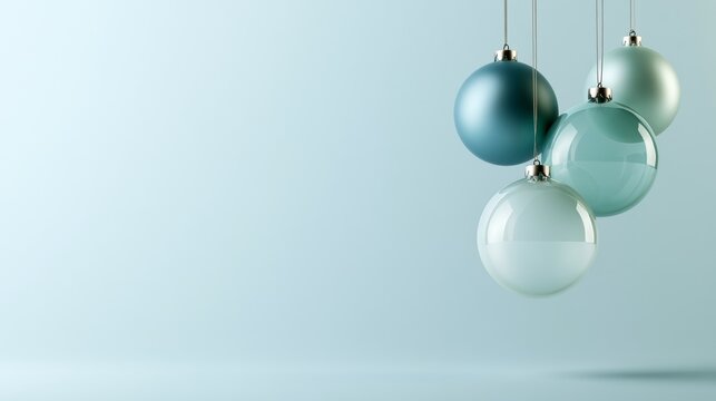 Minimal teal, aqua and white hanging sphere cluster on a pale blue background, clean modern composition with copy space. Christmas