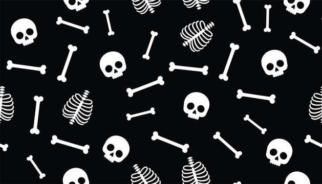 Seamless spooky Halloween themed pattern of cartoon human skulls, rib cages, and skeletal bones on a deep black background.