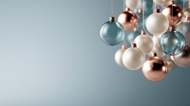 Christmas, Dense silver, white, blush and copper hanging sphere cluster on a cool blue background, premium festive decoration and modern backdrop.