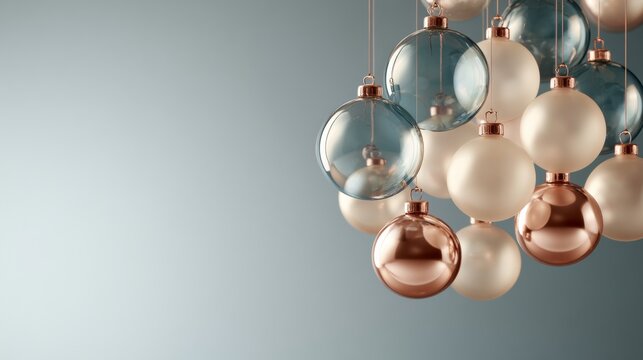 Dense silver, white, blush and copper sphere cluster on a cool gray background, rich abstract decoration for luxury design.