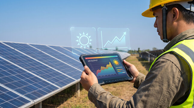Engineer Using Tablet with Holographic Solar Energy Output Dashboard 