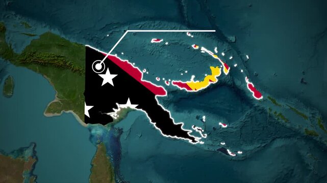 Papua New Guinea Map Highlighted in National Flag Colors with Location Marker, Papua New Guinea Country Map in Black Red and Yellow, Papua New Guinea Political Map with National Flag Design