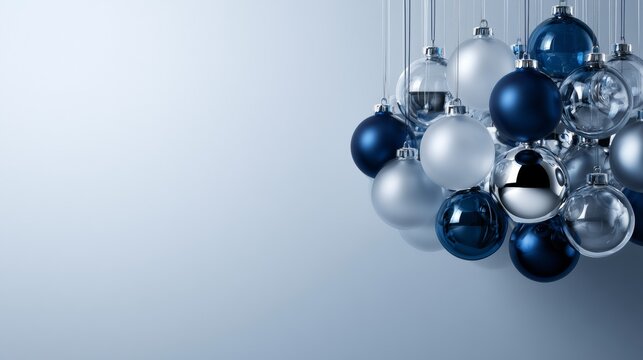Christmas, Dense blue and silver sphere cluster on a pale blue background, sophisticated abstract decoration for winter and luxury design.