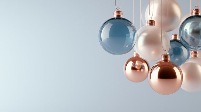 Christmas, Large blue, blush and silver hanging sphere cluster on a pale blue background, elegant festive decoration with modern depth.