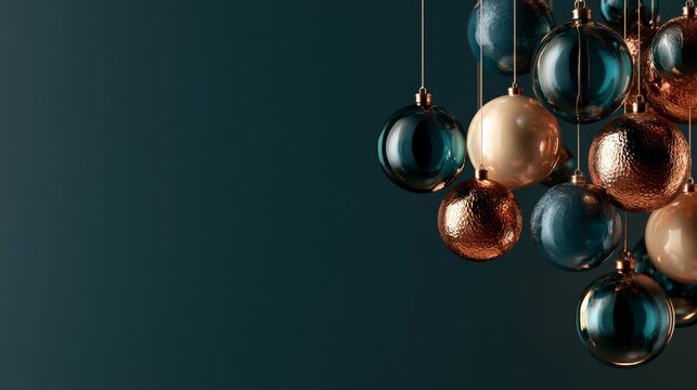 Christmas, Dense black, copper and bronze hanging sphere cluster on a dark teal background, dramatic luxury decoration for premium branding.