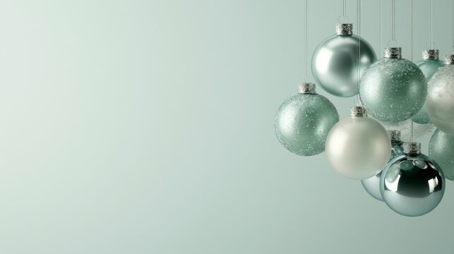 Christmas, Dense mint, silver and white sphere cluster on a soft green background, fresh contemporary decoration and premium abstract design.
