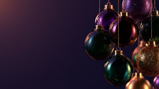 Christmas, Dense purple, emerald, copper and black sphere cluster on a deep plum background, dramatic luxury decoration for modern branding.