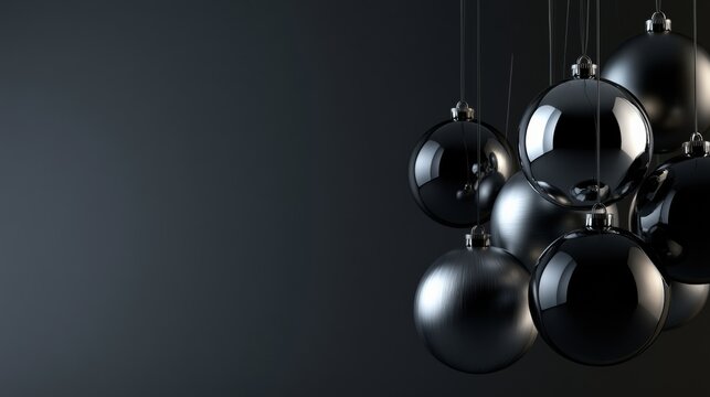 Christmas, Dense glossy black and silver sphere cluster on a dark charcoal background, sleek minimalist luxury decoration and premium abstract design.