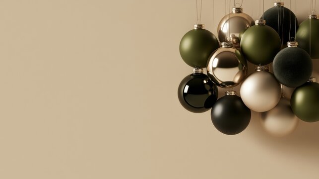 Christmas, Dense olive, black, champagne and bronze sphere cluster on a warm beige background, sophisticated seasonal decoration and luxury design.