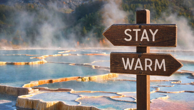Wooden sign with text stay warm beside a steaming thermal hot spring pool in nature