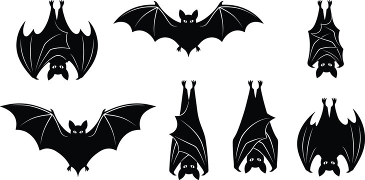Black bat silhouettes vector set featuring flying and hanging vampire bats for Halloween spooky dark graphic design elements