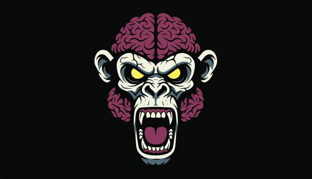 Angry monkey skull character with visible purple brain and yellow glowing eyes screaming on a black background.