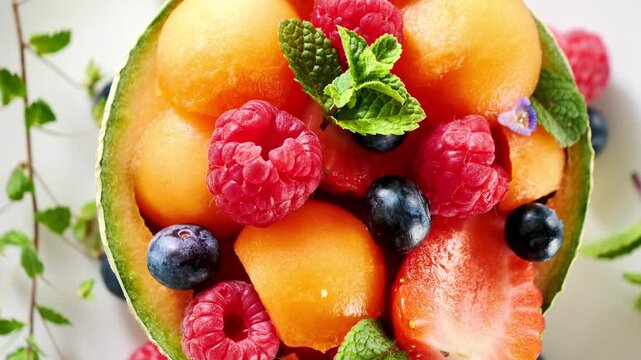 Fresh fruit salad with melon berries and mint leaves top view