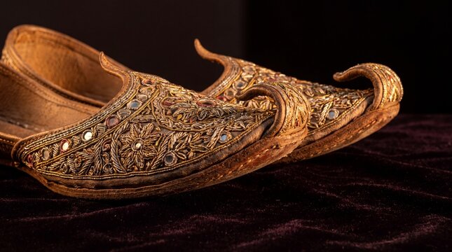 Traditional Pakistani hand embroidered khussa slippers zardozi goldwork macro dark background