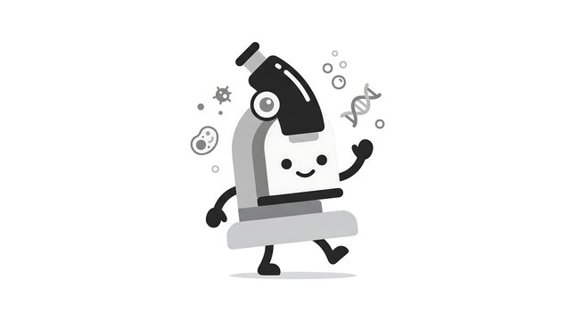 Cute cartoon microscope character walking with science symbols in grey and white minimalist design.