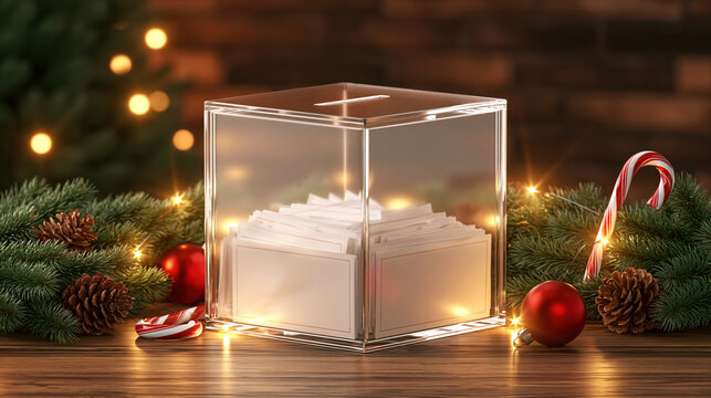 Transparent raffle box overflowing with blank entry tickets beside festive Christmas decoration, creating warm holiday atmosphere