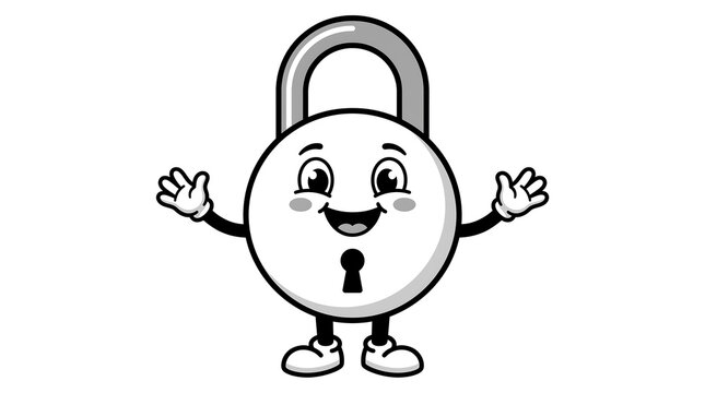 Happy padlock character with smiley face welcoming arms open security protection concept safety for data and home.