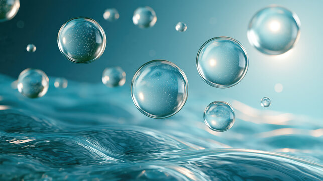 Transparent water bubble above blue ocean wave with bright sunlight and calm aquatic atmosphere