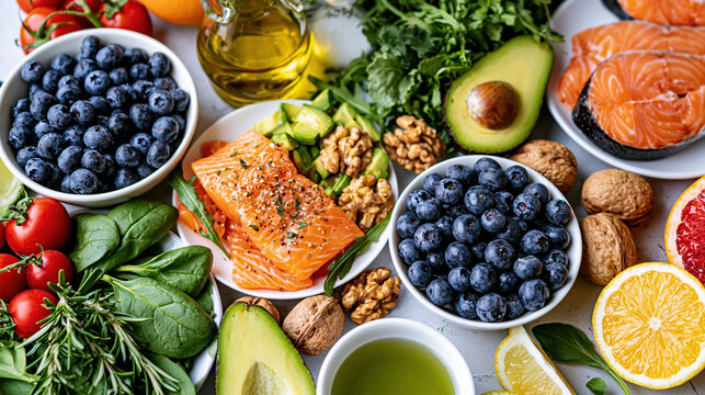 Vibrant flat lay featuring nutrient rich food, salmon, blueberry, avocado, citrus, herb, and walnut for healthy eating inspiration