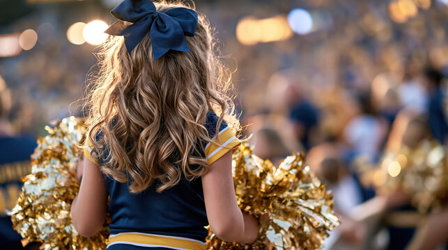 Young cheerleader standing center stage on sidelines with golden pompom and blue bow, viewed from behind during outdoor game