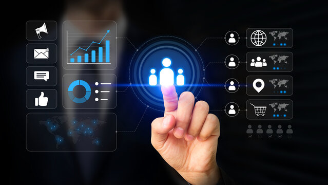Audience Targeting, Conversion Tracking, CRM System. Customer Segmentation and Insights, Partner Profiling, Marketing. Businessman Interacting with Customer Data Analytics Dashboard on Virtual Screen