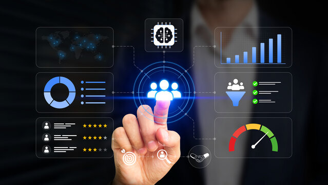Smart Targeting Audience, Customer Segmentation and Insights, Partner Profiling, Predictive Analytics, CRM System. Businessman Using AI  Data Analysis to Identify Target Audience on Virtual Screen
