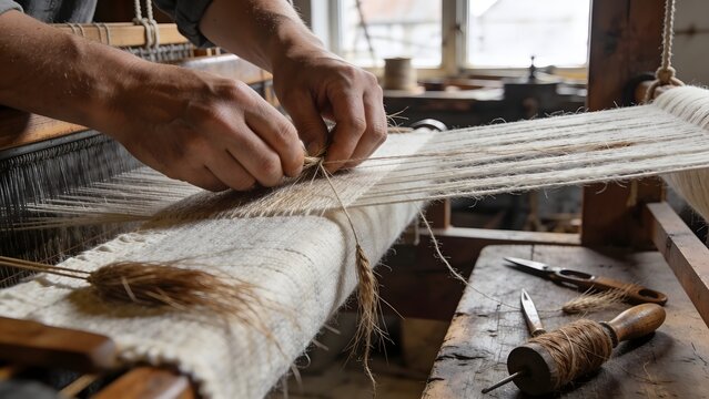 Artisan hands weaving flax into linen in Altmark region, German flax weaving tradition, historic farm workshop