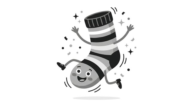 Jumping sock character with confetti and sparkles for fun and celebration in laundry or fashion concept.