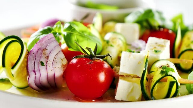 Fresh summer salad with zucchini tomatoes feta and red onio, vegetables skewer
