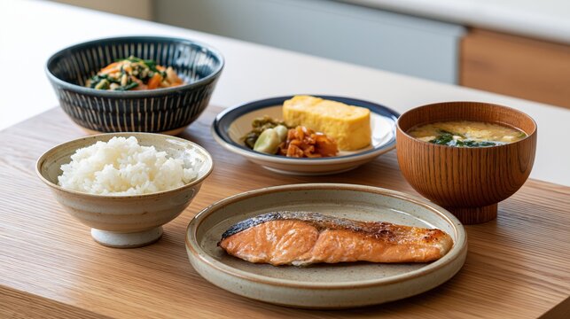 japanese breakfast set with grilled salmon, rice, dashimaki, natto, and miso soup