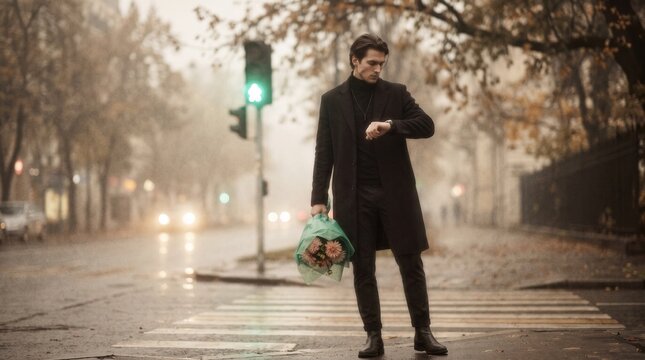 Elegant Man Checking Watch with Flower Bouquet on Foggy City Street