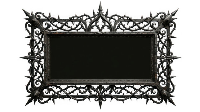 Gothic ornate metal frame with thorns and spikes isolated on transparent background