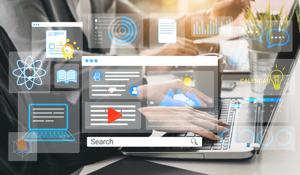 Abstract digital interface with search queries and icons over a laptop, symbolizing technology, data analysis, and online education in a modern workspace. Entropy.