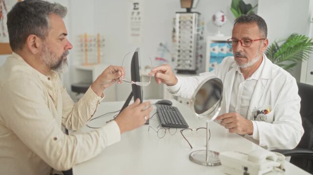 Man patient adjusts glasses with hand while optician in white coat offers a mirror at an eye clinic building; reassurance.