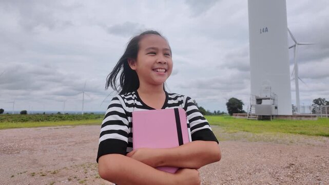 Cheerful Asian girl hugging digital tablet with case smiling in wind turbine farm