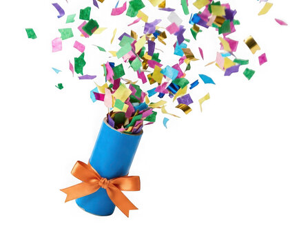 Blue party popper with orange ribbon and colorful confetti exploding isolated on transparent background