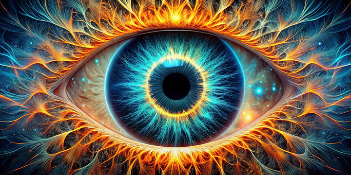 Close-up of a human eye with vibrant electric blue iris and fiery surrounding patterns
