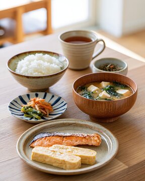 japanese breakfast set with grilled salmon, rice, dashimaki, natto, and miso soup