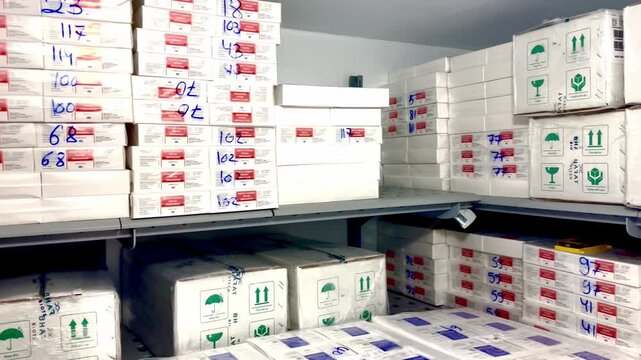 White  vaccines Stacked on Shelves in Cold Storage Facility