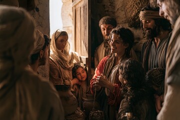 Fototapeta premium Group of people in ancient attire interacting in a rustic stone setting