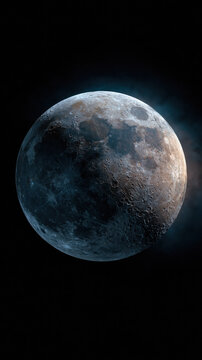 Moon full moon lunar black space crater night sphere astronomy celestial body, isolated against dark space with crater surface, blue glow, shadow, cosmic texture, and dramatic night sky