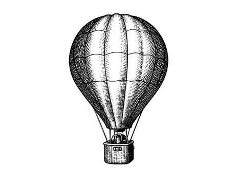 Vintage style engraving of a hot air balloon with detailed cross-hatching isolated on white background