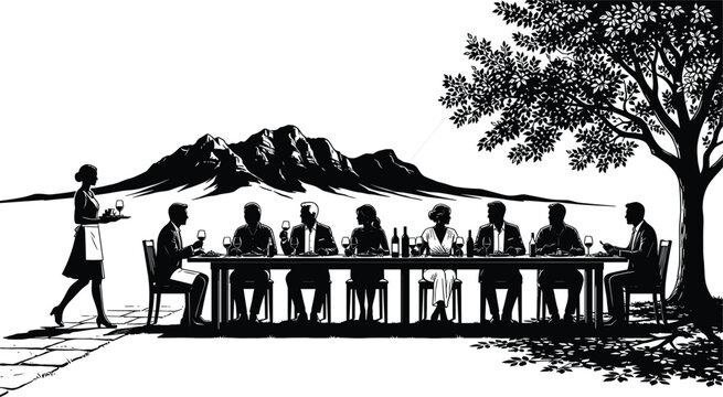 Outdoor vineyard wine tasting dinner event with guests seated at banquet table in front of mountains landscape